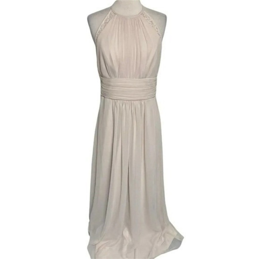 Bill Levkoff Halter Chiffon Maxi Dress 8 Champagne Lace Keyhole Back Formal 1114